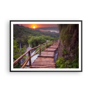 Póster en marco negro - Un puente con vistas a las cataratas al atardecer. - 100x70cm - Una belleza inimaginable - Decoración de pared moderna para salón y dormitorio ARTTOR