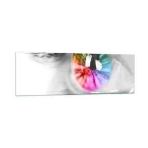 Cuadro sobre vidrio - Impresiones sobre Vidrio - Fotografía artística de un ojo con iris de arcoíris sobre un fondo gris. - 160x50cm - Ver el mundo en color - Decoración de pared moderna para salón y dormitorio ARTTOR