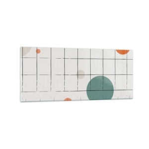 Cuadro sobre vidrio - Impresiones sobre Vidrio - Círculos de colores abstractos sobre un fondo de cuadrícula geométrica - 120x50cm - Atrapados. ¿Nosotros o ellos? - Decoración de pared moderna para salón y dormitorio ARTTOR