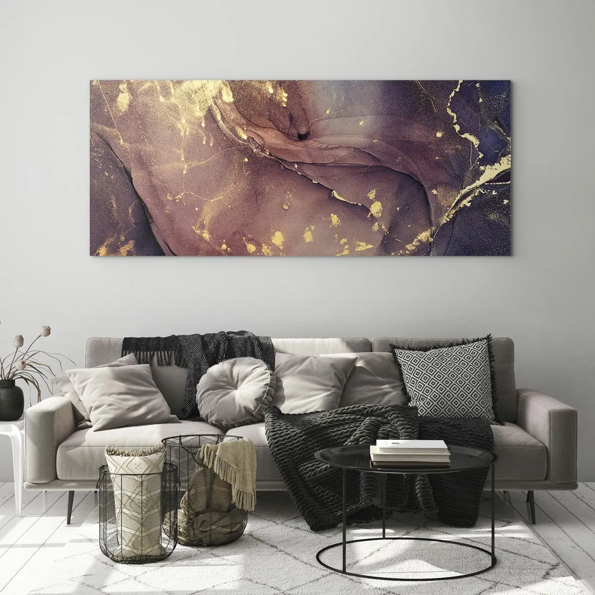 Cuadro sobre vidrio - Impresiones sobre Vidrio - Composición abstracta con tonos dorados y morados. - 140x50cm - Materia y espíritu - Decoración de pared moderna para salón y dormitorio ARTTOR