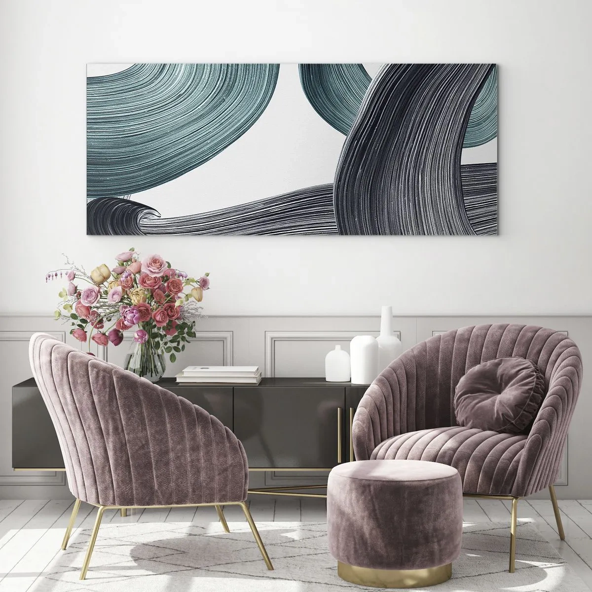 Cuadro sobre vidrio - Impresiones sobre Vidrio - Líneas abstractas fluidas en tonos verdes y grises. - 120x50cm - Senderos esmeralda y negro - Decoración de pared moderna para salón y dormitorio ARTTOR