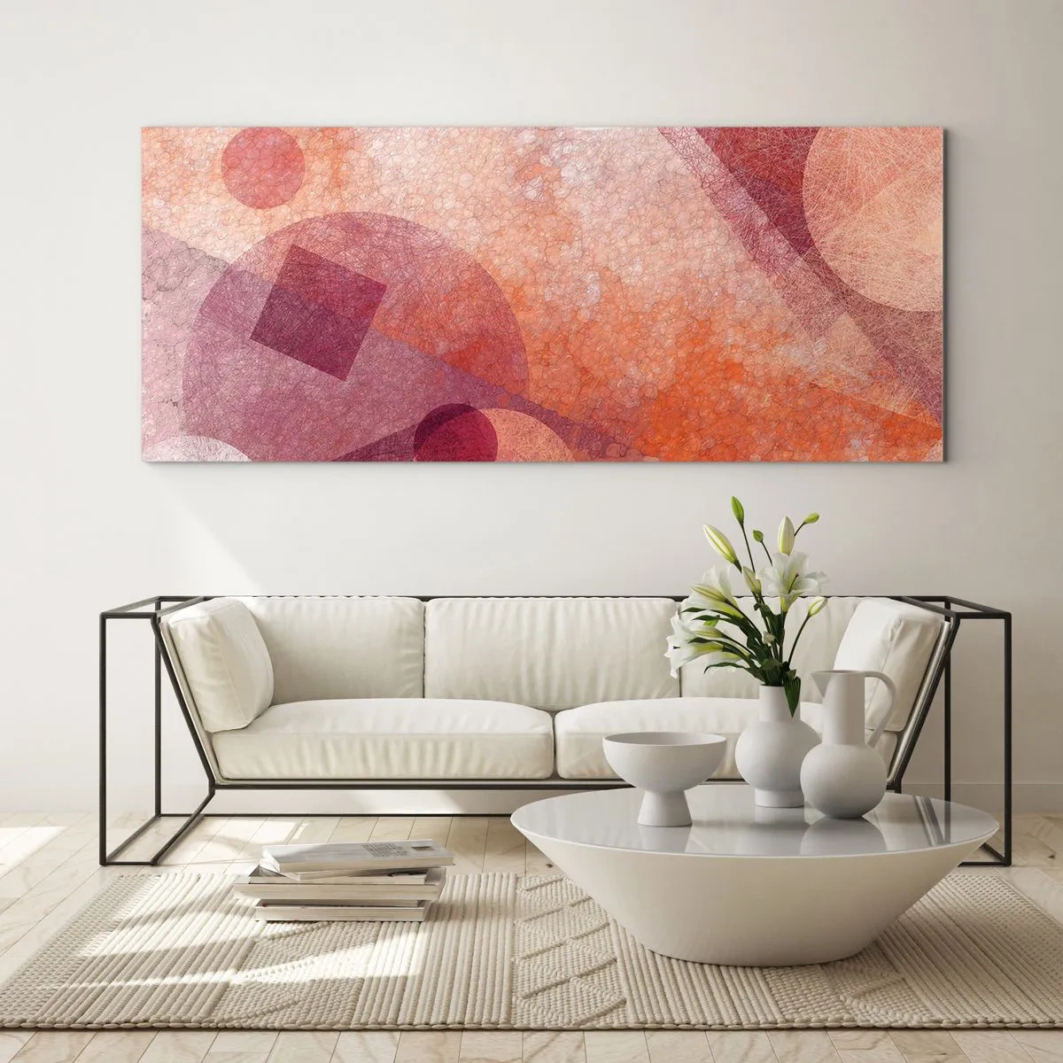 Cuadro sobre vidrio - Impresiones sobre Vidrio - Formas geométricas abstractas en tonos pastel de rosa. - 120x50cm - Transformaciones geométricas en rosa - Decoración de pared moderna para salón y dormitorio ARTTOR