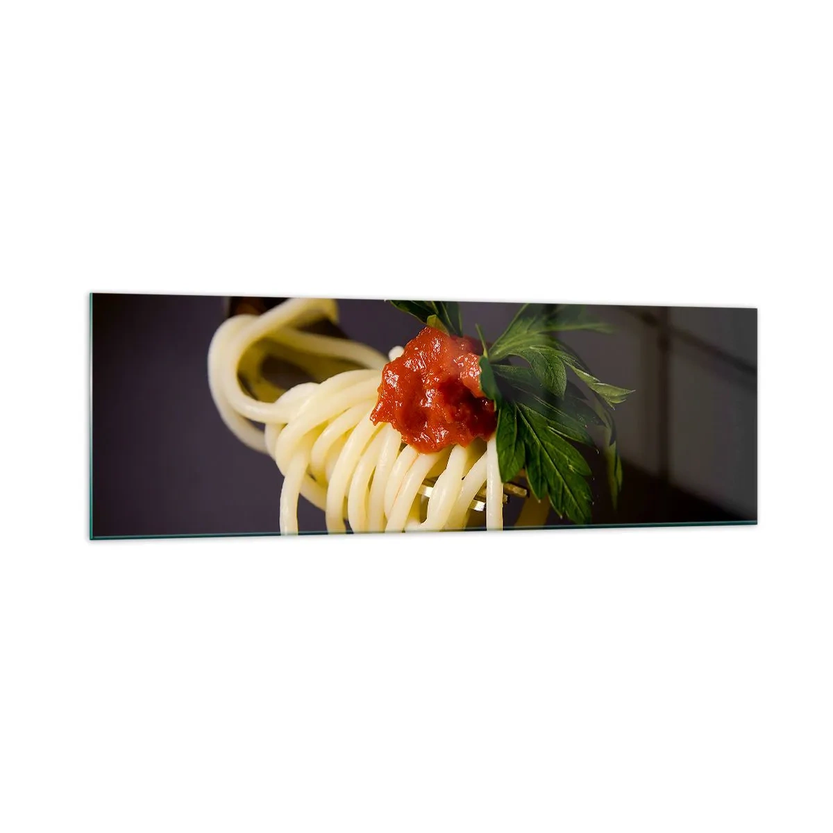 Cuadro sobre vidrio - Impresiones sobre Vidrio - Pasta espaguetis al tenedor con salsa de tomate y perejil - 160x50cm - Un sabroso bocado - Decoración de pared moderna para salón y dormitorio ARTTOR