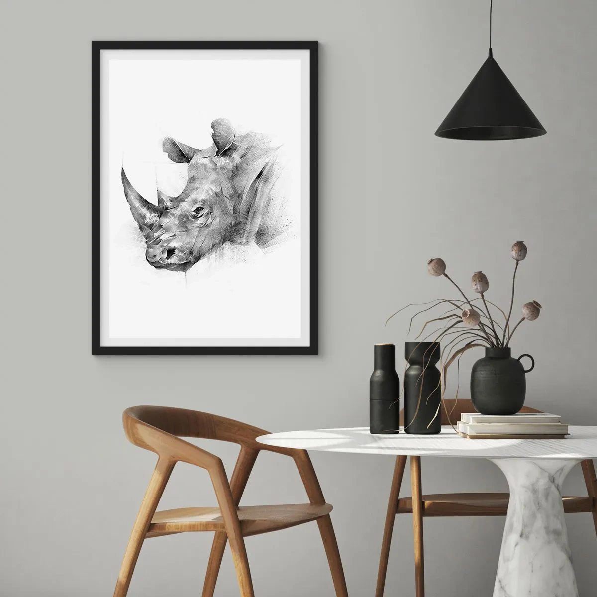 Póster en marco negro - Dibujo gráfico de un rinoceronte en blanco y negro. - 50x70cm - Retrato africano - Decoración de pared moderna para salón y dormitorio ARTTOR
