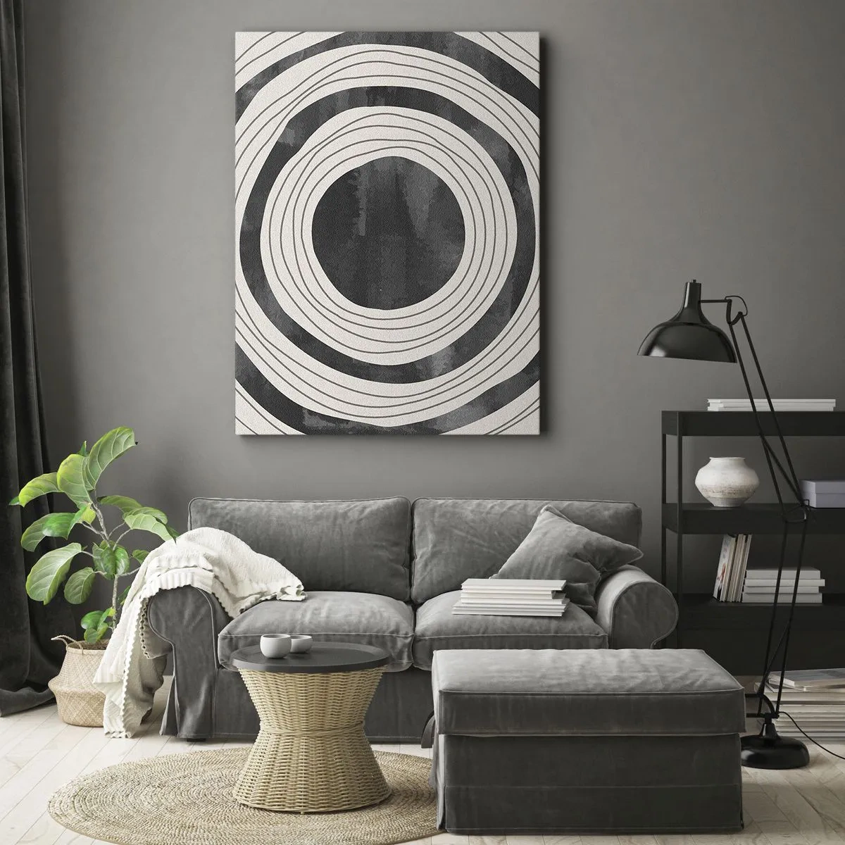 Cuadro sobre lienzo - Impresión de Imagen - Círculos concéntricos en blanco y negro sobre un fondo claro - 50x70cm - En el centro mismo - Decoración de pared moderna para salón y dormitorio ARTTOR