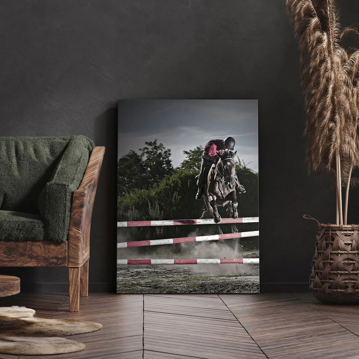 Cuadro sobre lienzo - Impresión de Imagen - Un jinete a caballo saltando sobre un obstáculo en una pista de carreras. - 50x70cm - Juntos por la victoria - Decoración de pared moderna para salón y dormitorio ARTTOR