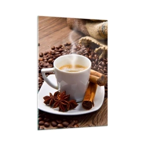 Cuadro sobre vidrio - Impresiones sobre Vidrio - Una taza de café con canela y anís sobre un fondo de granos de café. - 70x100cm - Sabor y aroma picante - Decoración de pared moderna para salón y dormitorio ARTTOR