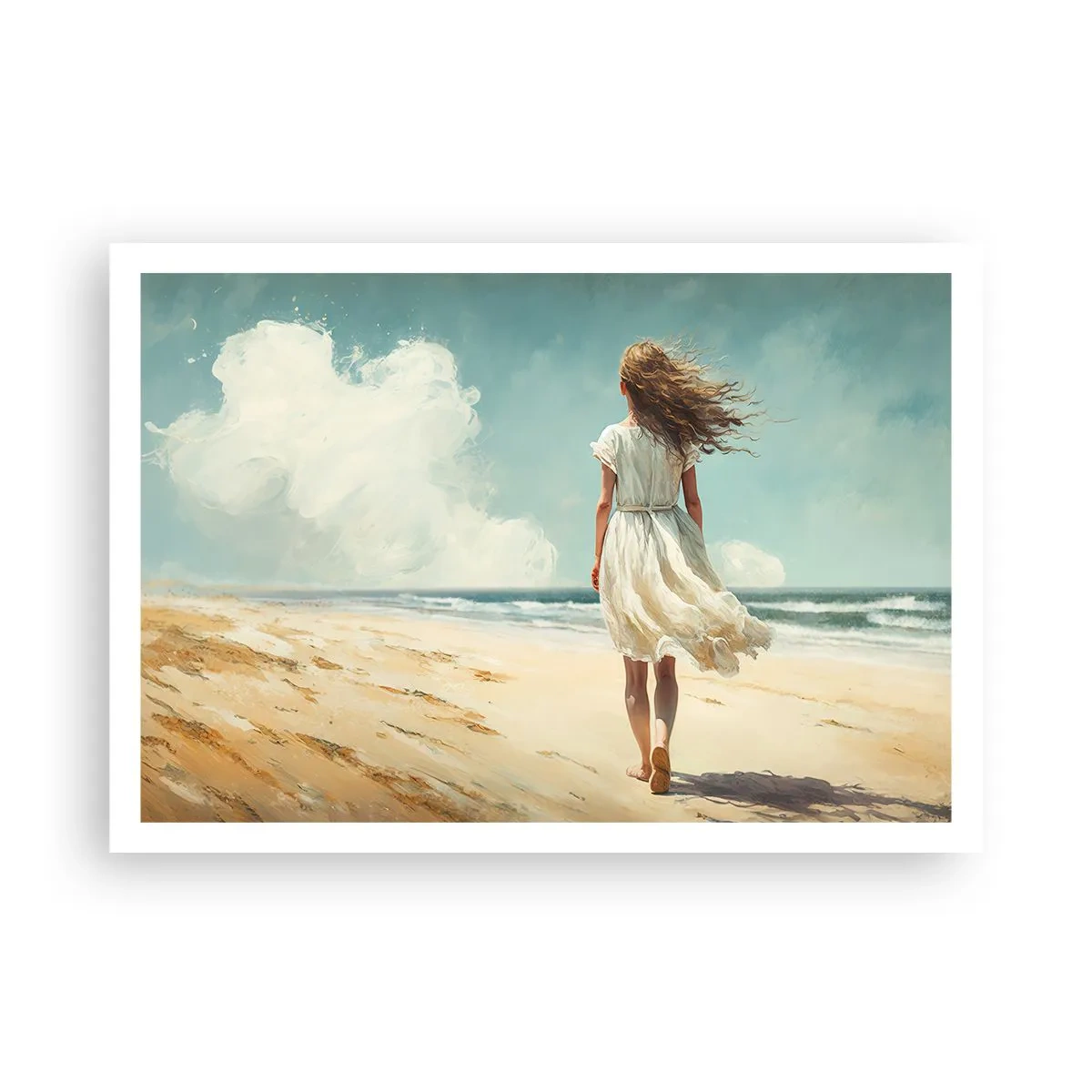 Póster - Una mujer con un vestido blanco caminando por la playa en un día soleado. - 100x70cm - Al encuentro del sol y del viento - Decoración de pared moderna para salón y dormitorio ARTTOR