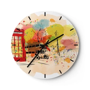 Reloj de pared - Reloj de vidrio - Un boceto colorido de la ciudad con el Big Ben y un autobús rojo. - 30x30cm - Una ciudad de la diversidad - Decoración de pared moderna para salón, cocina y dormitorio ARTTOR
