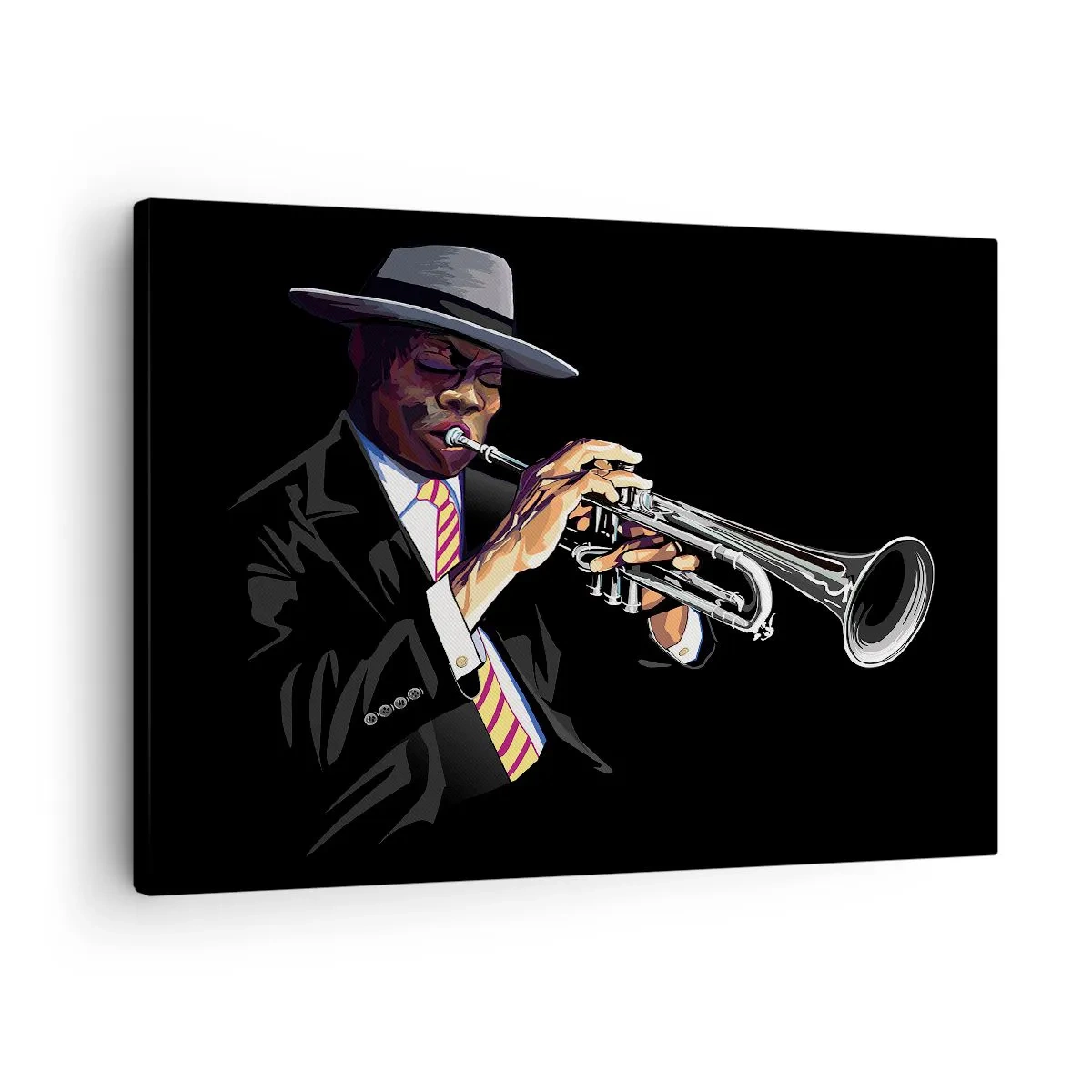 Cuadro sobre lienzo - Impresión de Imagen - Un músico tocando la trompeta sobre un fondo negro. - 70x50cm - El encanto de la vieja escuela - Decoración de pared moderna para salón y dormitorio ARTTOR