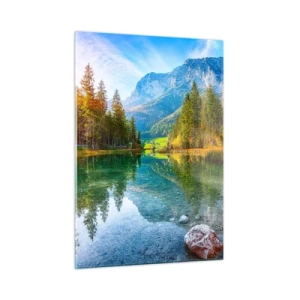 Cuadro sobre vidrio - Impresiones sobre Vidrio - Un lago de montaña rodeado de bosques y picos majestuosos. - 50x70cm - La dulzura del otoño - Decoración de pared moderna para salón y dormitorio ARTTOR