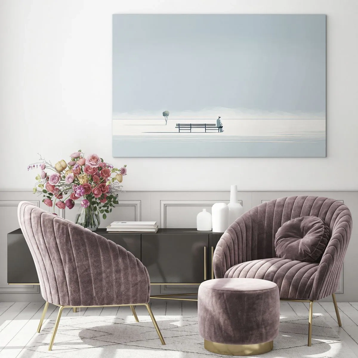 Cuadro sobre vidrio - Impresiones sobre Vidrio - Una figura en un banco en un paisaje minimalista. - 120x80cm - Sí, estoy esperando - Decoración de pared moderna para salón y dormitorio ARTTOR