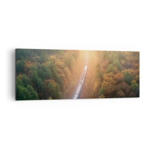 Cuadro sobre lienzo - Impresión de Imagen - Un tren en un bosque otoñal al amanecer. - 140x50cm - Un viaje otoñal - Decoración de pared moderna para salón y dormitorio ARTTOR