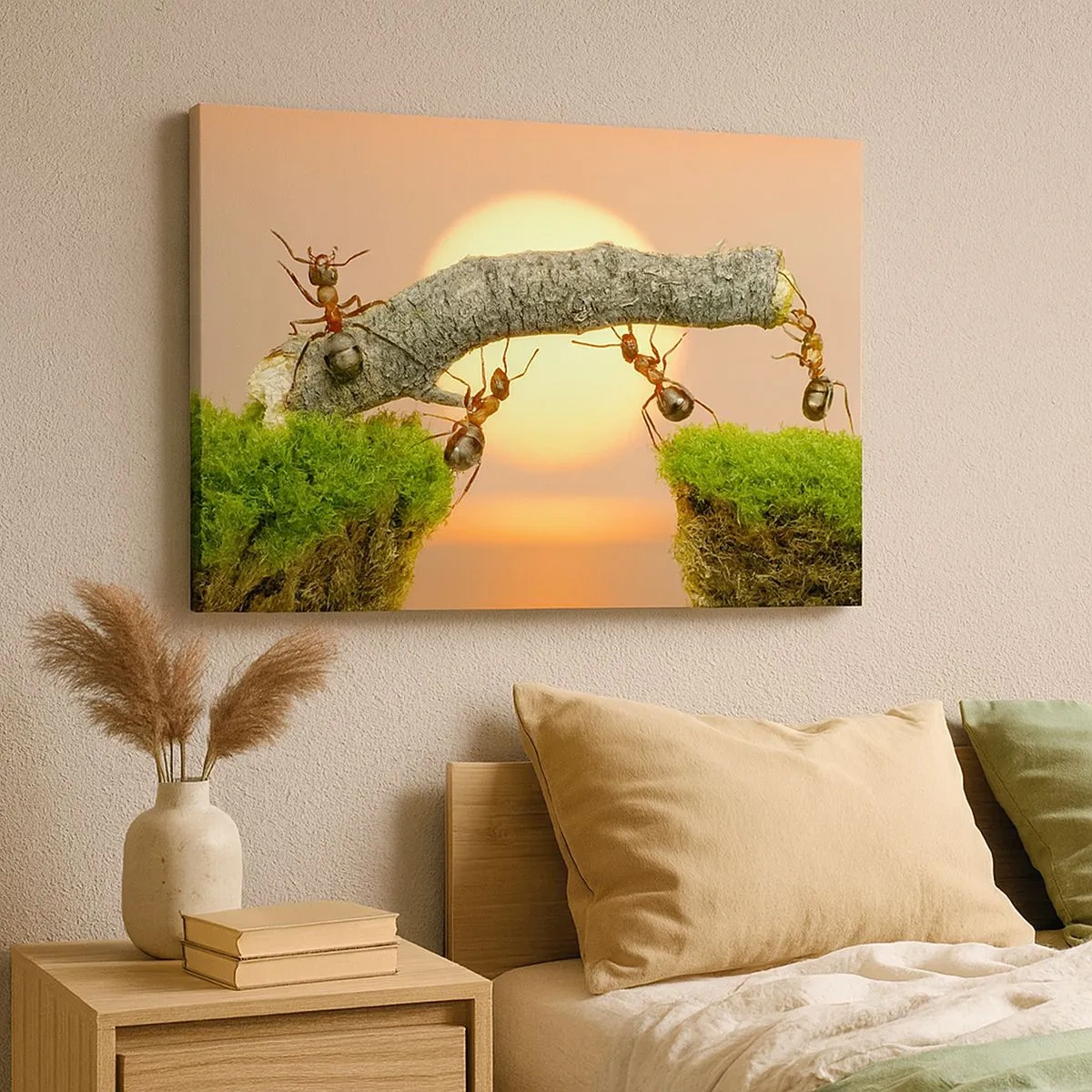 Cuadro sobre lienzo - Impresión de Imagen - Hormigas construyendo un puente de ramas con el sol poniente como telón de fondo. - 70x50cm - Trabajar juntos con alegría - Decoración de pared moderna para salón y dormitorio ARTTOR