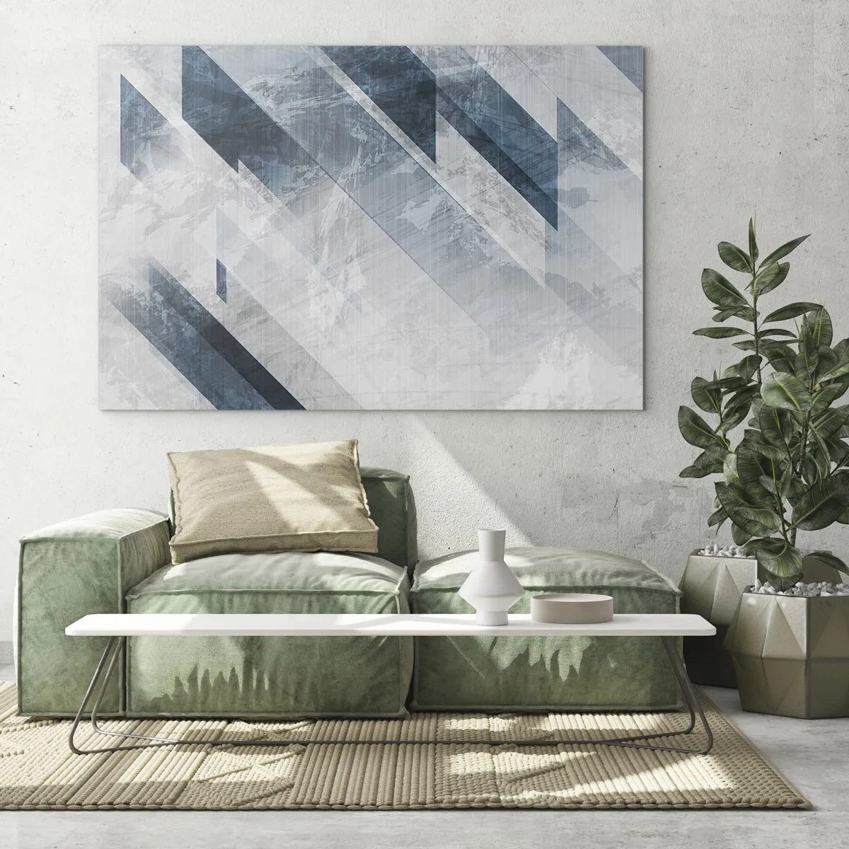Cuadro sobre vidrio - Impresiones sobre Vidrio - Rayas geométricas en tonos grises y azul marino - 120x80cm - Composición espacial - movimiento de grises - Decoración de pared moderna para salón y dormitorio ARTTOR