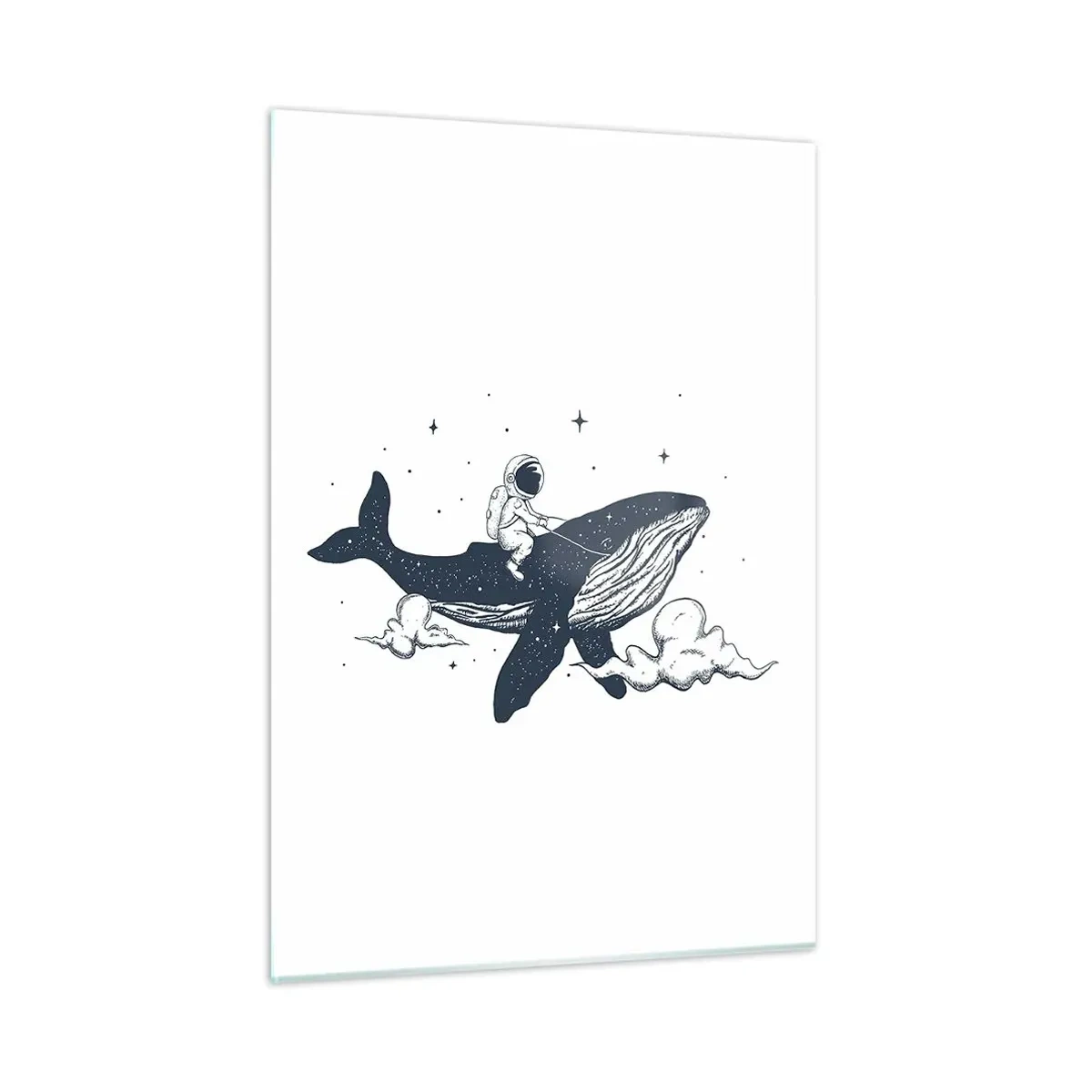 Cuadro sobre vidrio - Impresiones sobre Vidrio - Astronauta montando una ballena entre estrellas y nubes - 50x70cm - Una aventura cósmica - Decoración de pared moderna para salón y dormitorio ARTTOR