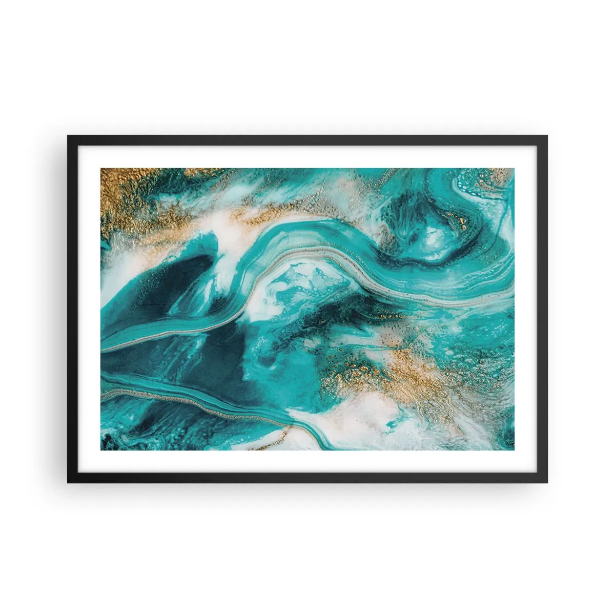 Póster en marco negro - Abstracción turquesa con acentos blancos y dorados. - 70x50cm - Río de oro - Decoración de pared moderna para salón y dormitorio ARTTOR