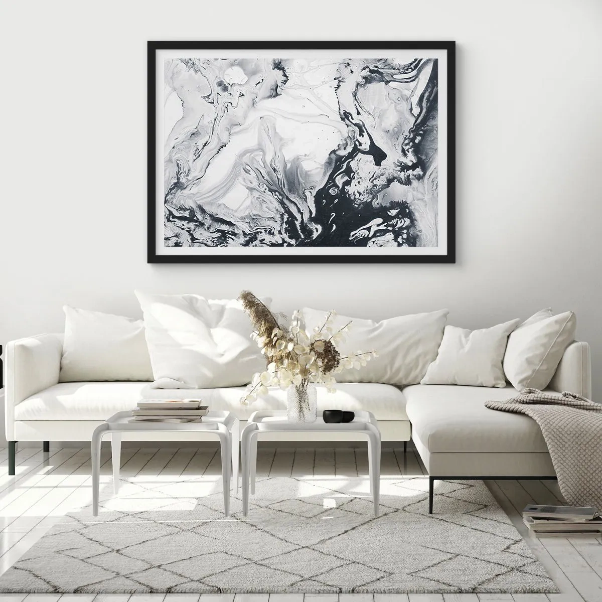 Póster en marco negro - Patrón abstracto monocromático con efecto mármol. - 70x50cm - Dentro de la Tierra - Decoración de pared moderna para salón y dormitorio ARTTOR