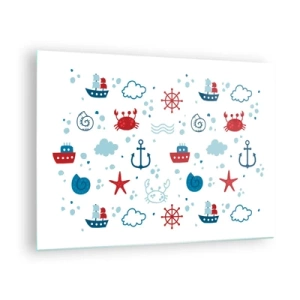 Cuadro sobre vidrio - Impresiones sobre Vidrio - Patrones náuticos con cangrejos, anclas y barcos. - 70x50cm - Un cuento de mar - Decoración de pared moderna para salón y dormitorio ARTTOR