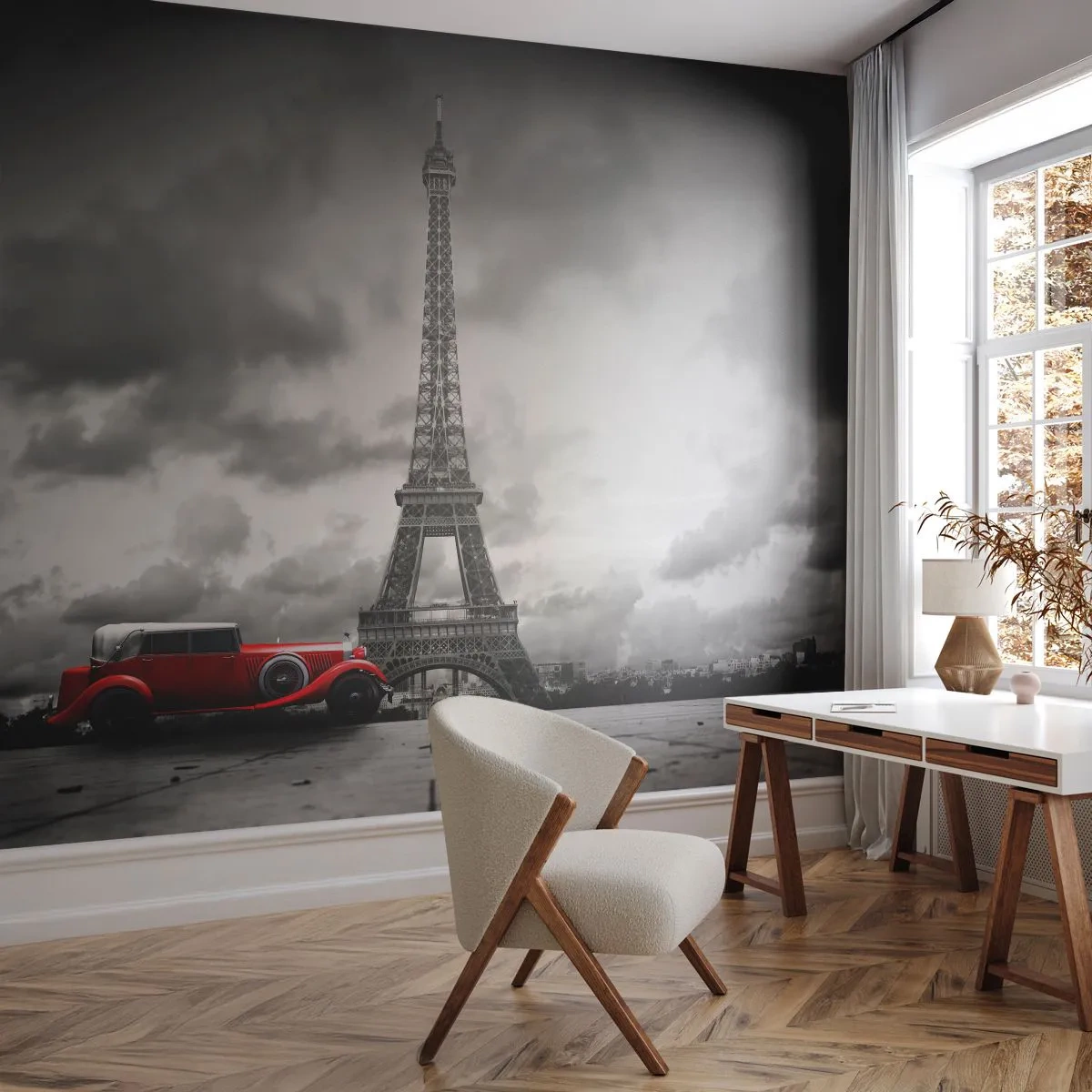 Fotomural Premium Sand - Panorama en blanco y negro de París con un coche rojo. - 100x70cm - No hace mucho tiempo, en París - Decoración de pared moderna para salón y dormitorio ARTTOR