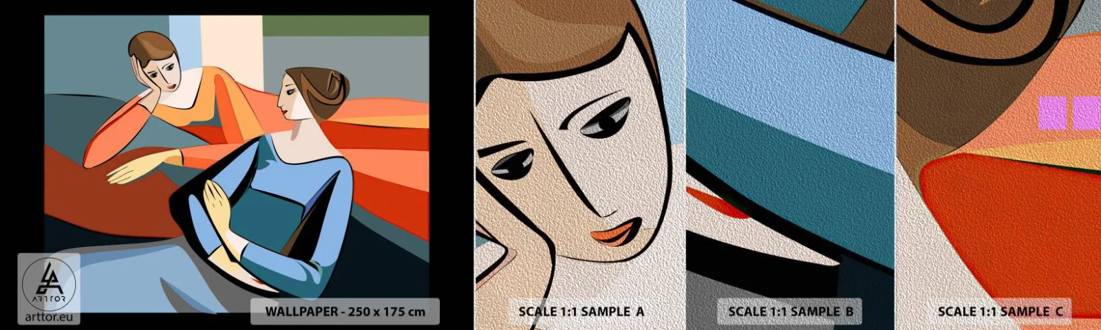 Muestra de fotomural Premium Sand - Un momento de confidencias - Cubismo, Retrato, Mujer - 100x30 cm