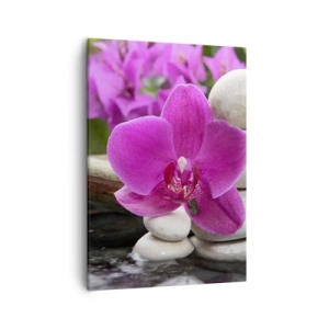 Cuadro sobre lienzo - Impresión de Imagen - Orquídea morada, piedras y bambú con agua en un entorno relajante. - 50x70cm - Ya estás descansando - Decoración de pared moderna para salón y dormitorio ARTTOR