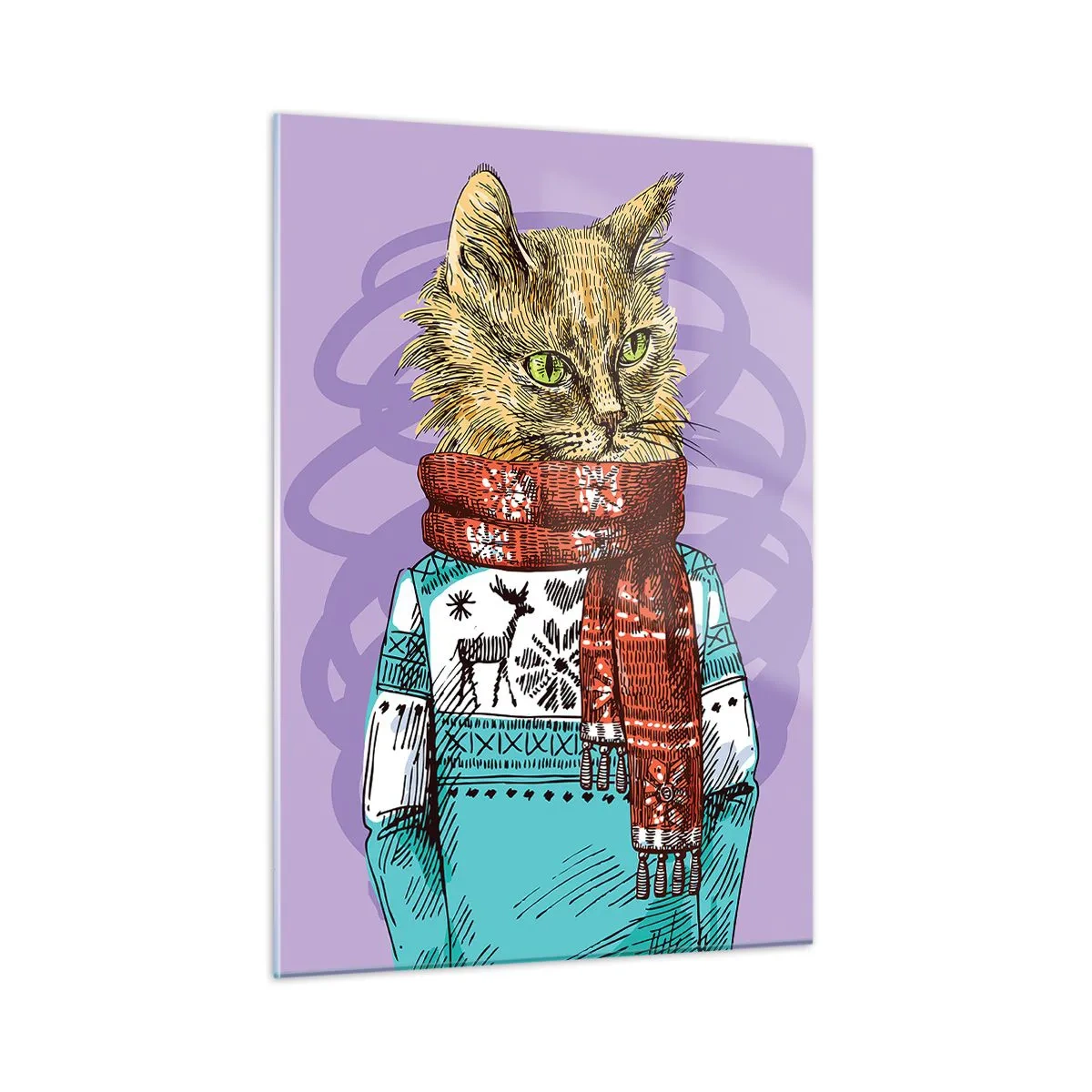 Cuadro sobre vidrio - Impresiones sobre Vidrio - Un gato con un suéter y una bufanda sobre un fondo morado. - 50x70cm - El gato no solo tenía botas - Decoración de pared moderna para salón y dormitorio ARTTOR