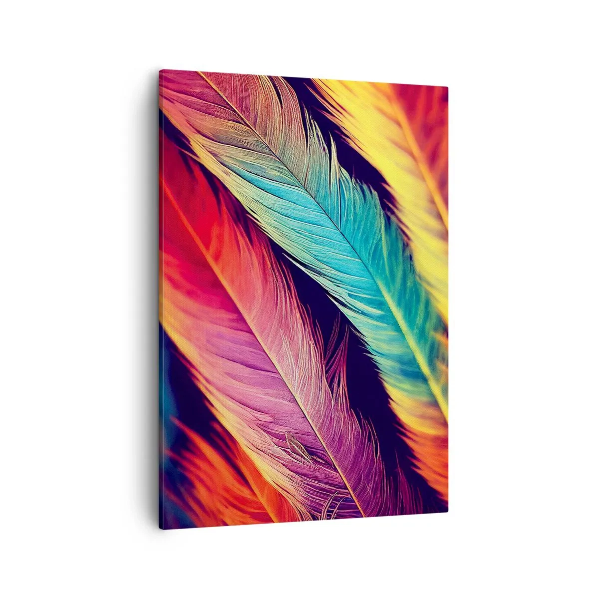 Cuadro sobre lienzo - Impresión de Imagen - Plumas de colores intensos - 50x70cm - Arco iris plumoso - Decoración de pared moderna para salón y dormitorio ARTTOR