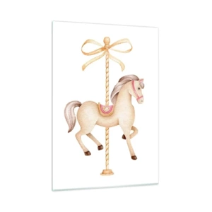 Cuadro sobre vidrio - Impresiones sobre Vidrio - Caballo de carrusel beige con un lazo sobre un fondo blanco - 50x70cm - Al trote grácil - Decoración de pared moderna para salón y dormitorio ARTTOR