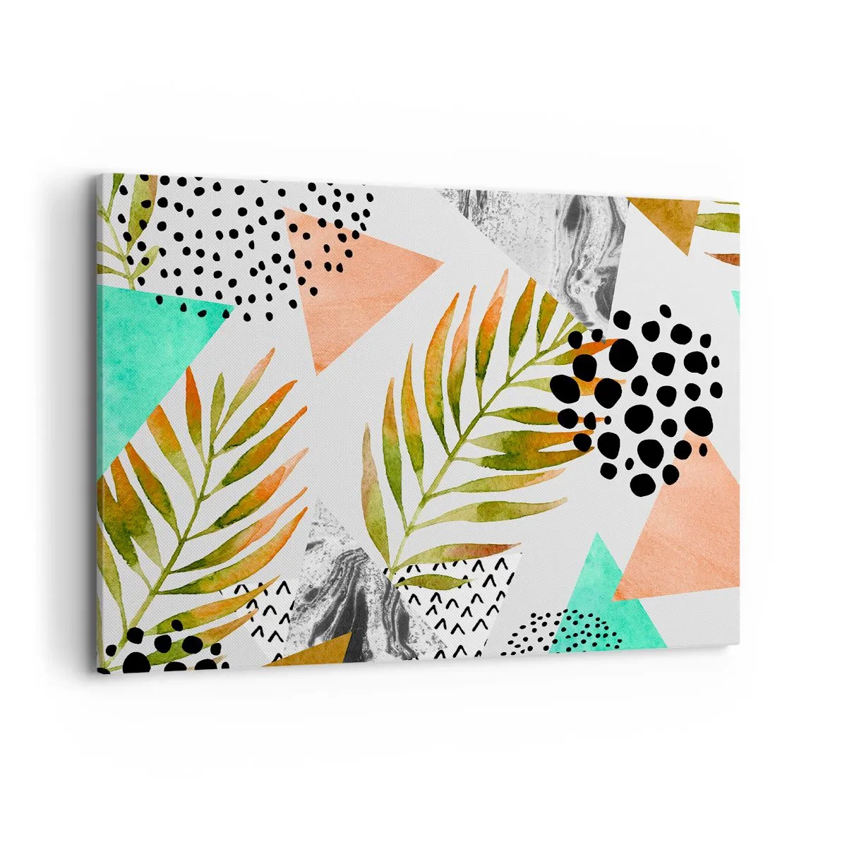 Cuadro sobre lienzo - Impresión de Imagen - Patrón tropical con hojas y formas geométricas. - 100x70cm - Decoración con hojas de palmera - Decoración de pared moderna para salón y dormitorio ARTTOR