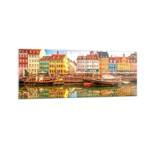 Cuadro sobre vidrio - Impresiones sobre Vidrio - Casas coloridas en los canales de Copenhague - 140x50cm - Sobre el agua tan suave como un espejo - Decoración de pared moderna para salón y dormitorio ARTTOR