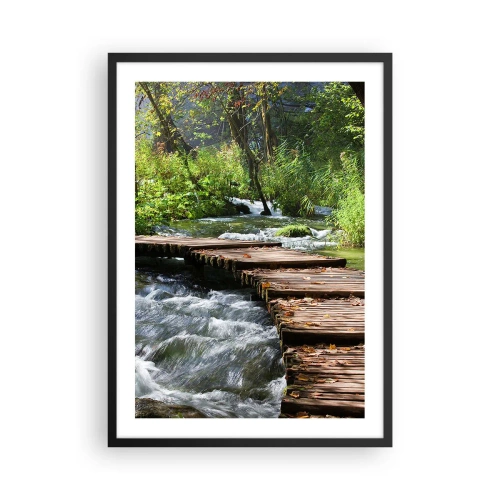 Póster en marco negro - Un puente de madera sobre un arroyo caudaloso - 50x70cm - Sobre una cascada de espuma - Decoración de pared moderna para salón y dormitorio ARTTOR