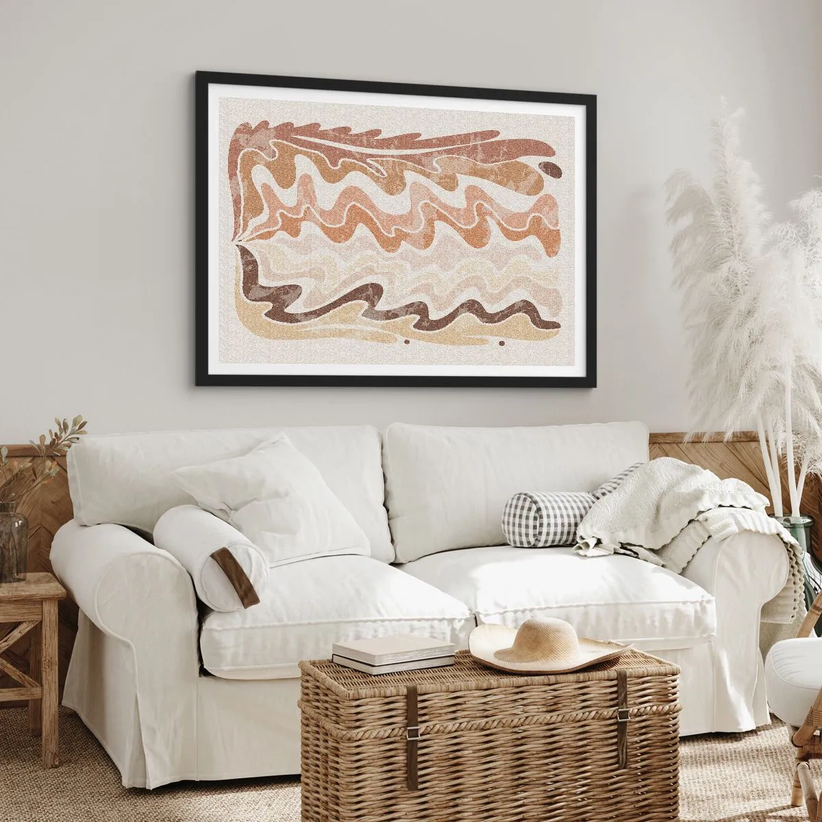 Póster en marco negro - Líneas abstractas onduladas en tonos beige - 70x50cm - Buena energía - buenas emociones - Decoración de pared moderna para salón y dormitorio ARTTOR