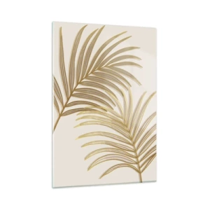 Cuadro sobre vidrio - Impresiones sobre Vidrio - Hojas de palma doradas sobre un fondo claro. - 50x70cm - Palma de Oro - Decoración de pared moderna para salón y dormitorio ARTTOR