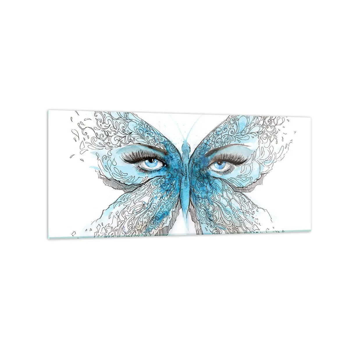 Cuadro sobre vidrio - Impresiones sobre Vidrio - Acuarela artística de una mariposa con ojos azules. - 120x50cm - Mirada de mariposa - Decoración de pared moderna para salón y dormitorio ARTTOR