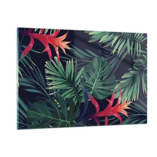 Cuadro sobre vidrio - Impresiones sobre Vidrio - Hojas y flores exóticas sobre un fondo oscuro. - 120x80cm - Encender el color verde - Decoración de pared moderna para salón y dormitorio ARTTOR