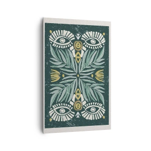 Cuadro sobre lienzo - Impresión de Imagen - Patrón de planta simétrica sobre un fondo verde. - 80x120cm - Como un recorte folclórico - Decoración de pared moderna para salón y dormitorio ARTTOR