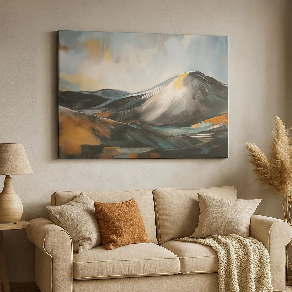 Cuadro sobre lienzo - Impresión de Imagen - Paisaje montañoso abstracto en tonos cálidos - 70x50cm - Crudo y bello - Decoración de pared moderna para salón y dormitorio ARTTOR