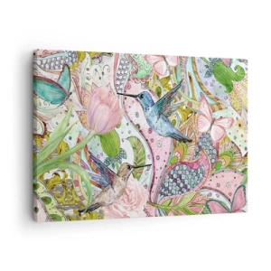 Cuadro sobre lienzo - Impresión de Imagen - Colibríes y mariposas coloridos entre las plantas. - 70x50cm - Enredado en las vides - Decoración de pared moderna para salón y dormitorio ARTTOR