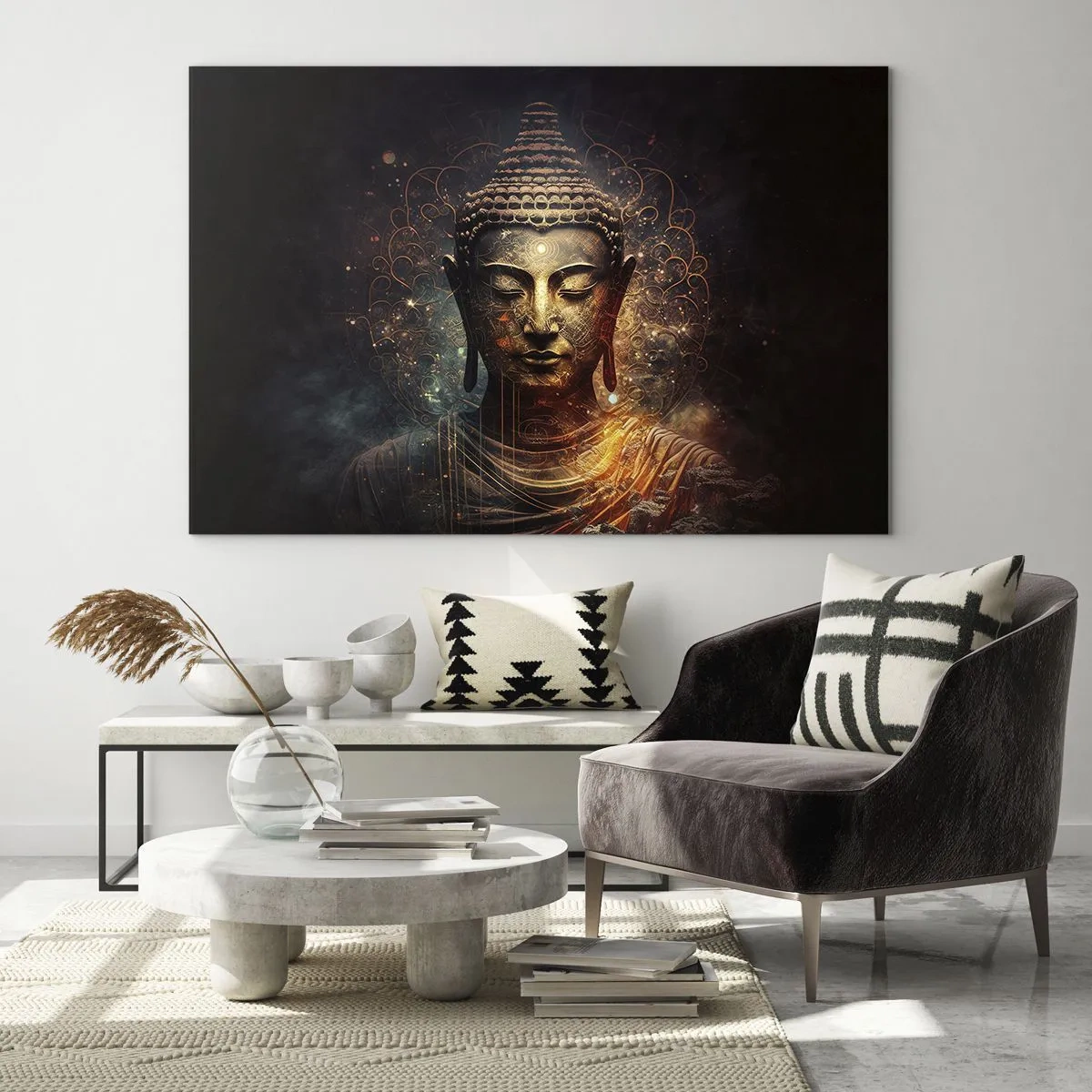 Cuadro sobre vidrio - Impresiones sobre Vidrio - Una figura dorada de Buda sobre un fondo oscuro con adornos. - 70x50cm - Equilibrio espiritual - Decoración de pared moderna para salón y dormitorio ARTTOR
