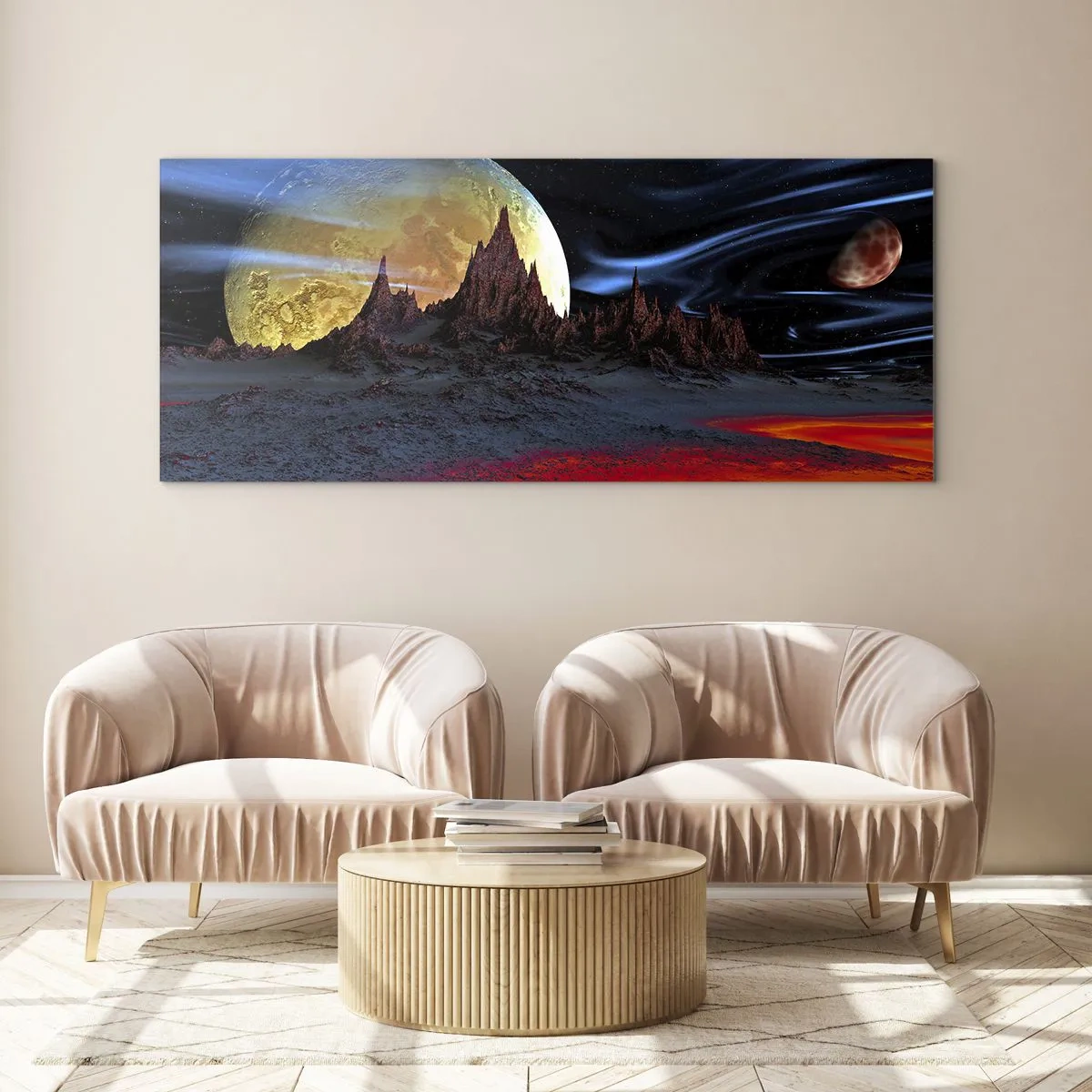 Cuadro sobre vidrio - Impresiones sobre Vidrio - Un paisaje fantástico con planetas y paisajes volcánicos. - 160x50cm - Mundo desconocido - Decoración de pared moderna para salón y dormitorio ARTTOR