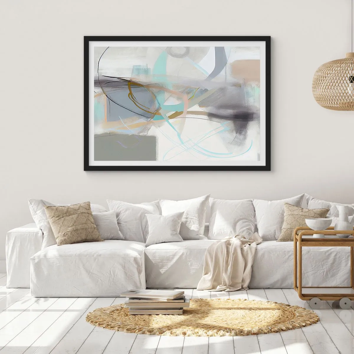 Póster en marco negro - Abstracción pastel con líneas delicadas. - 70x50cm - Abstracción brumosa - Decoración de pared moderna para salón y dormitorio ARTTOR