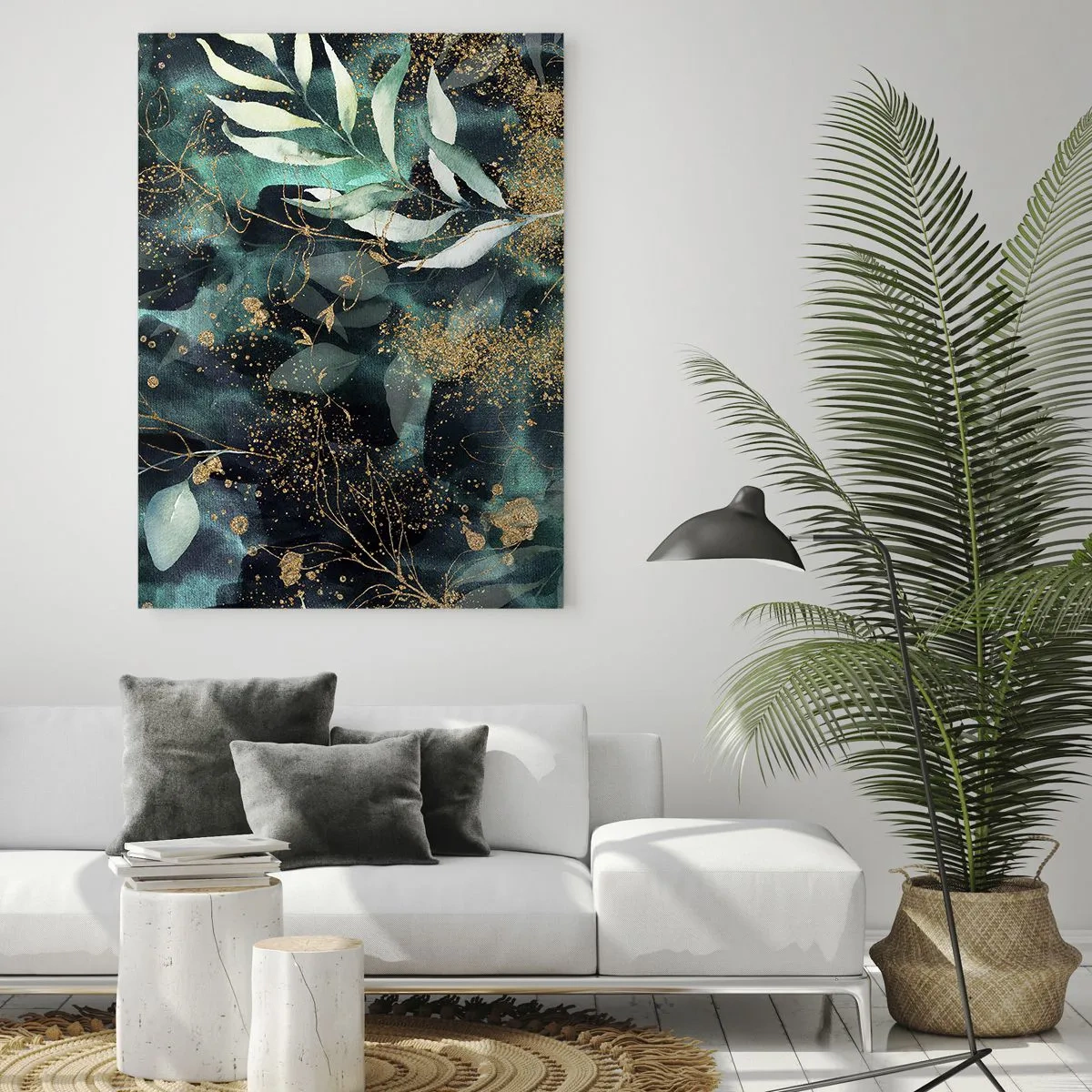 Cuadro sobre vidrio - Impresiones sobre Vidrio - Hojas doradas y verdes sobre un fondo oscuro. - 50x70cm - Jardín encantado - Decoración de pared moderna para salón y dormitorio ARTTOR