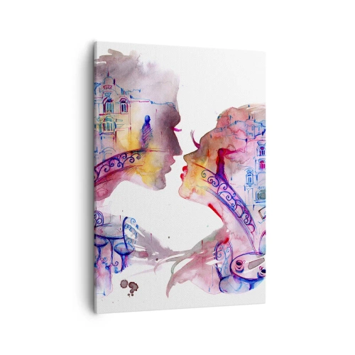 Cuadro sobre lienzo - Impresión de Imagen - Una acuarela romántica que representa las siluetas de los amantes. - 50x70cm - Un puente secreto de suspiros - Decoración de pared moderna para salón y dormitorio ARTTOR