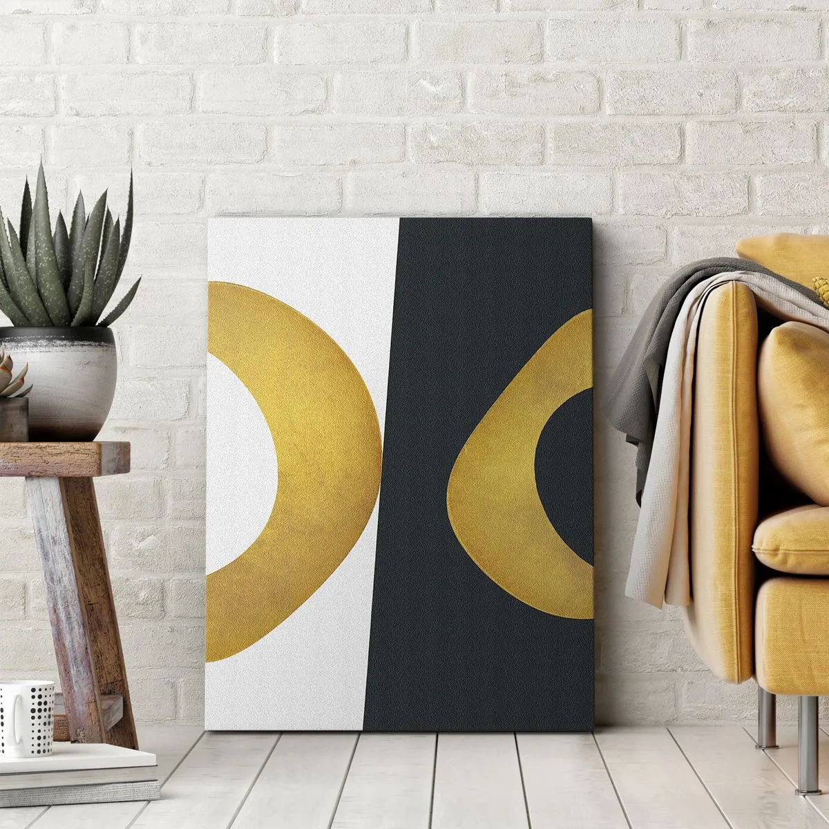 Cuadro sobre lienzo - Impresión de Imagen - Formas geométricas en dorado sobre fondo blanco y oscuro. - 50x70cm - Blanco, negro, dorado - Decoración de pared moderna para salón y dormitorio ARTTOR