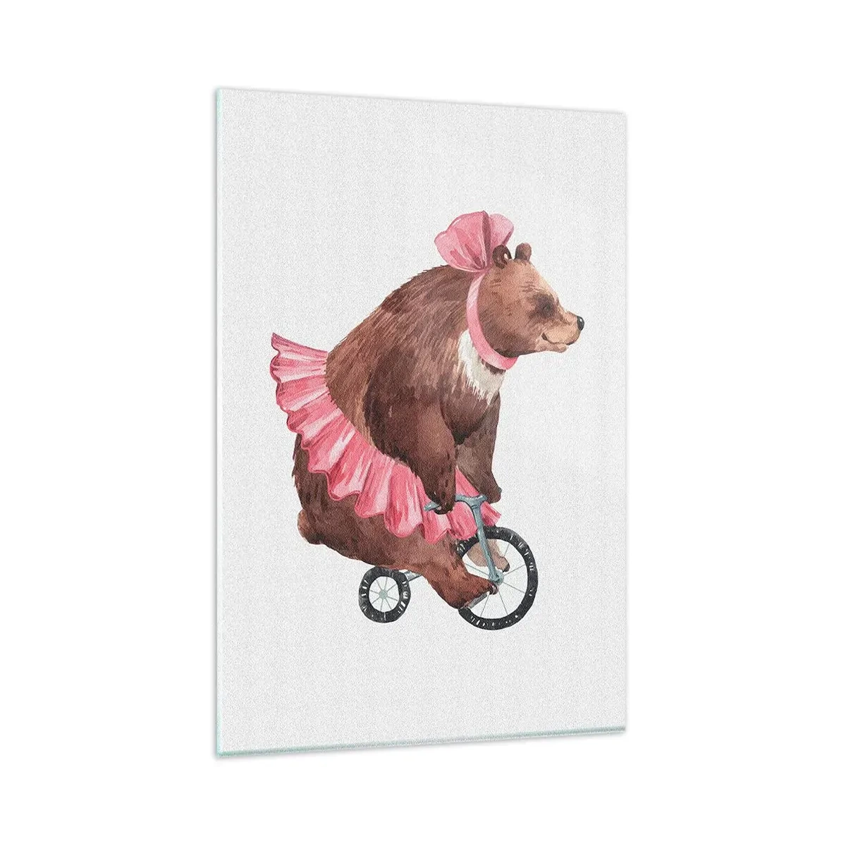Cuadro sobre vidrio - Impresiones sobre Vidrio - Un osito de peluche con una falda rosa en una bicicleta de estilo retro. - 80x120cm - ¡Qué circo! - Decoración de pared moderna para salón y dormitorio ARTTOR