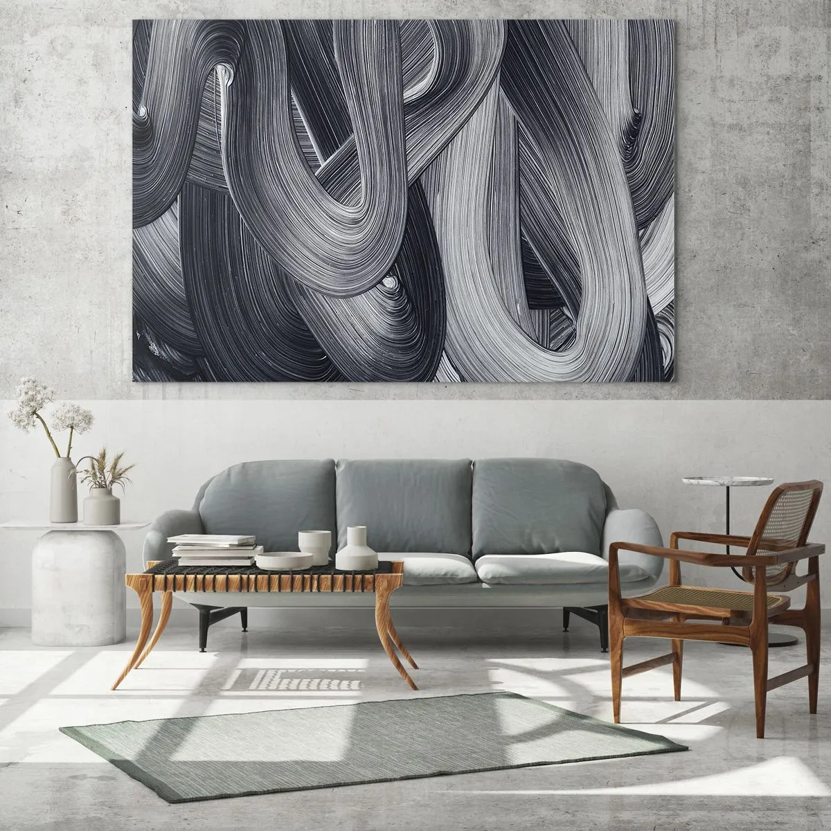 Cuadro sobre vidrio - Impresiones sobre Vidrio - Pinceladas abstractas en tonos negros y grises - 70x50cm - La fluidez de la realidad - Decoración de pared moderna para salón y dormitorio ARTTOR