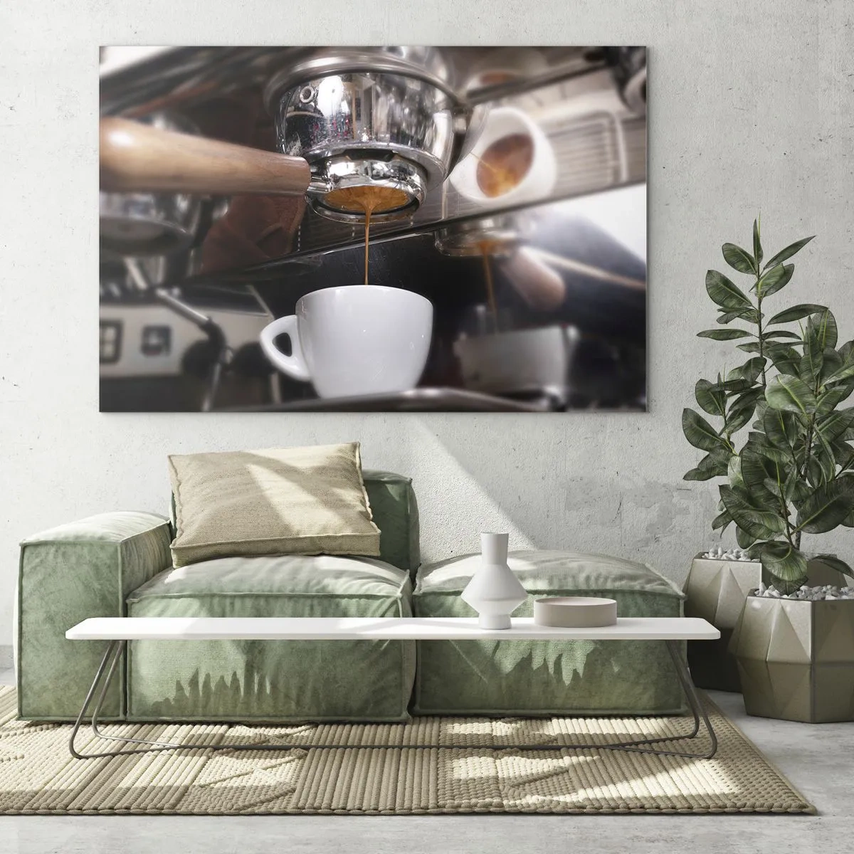 Cuadro sobre vidrio - Impresiones sobre Vidrio - Primer plano de una taza de café que se vierte desde una cafetera a presión. - 100x70cm - El mejor momento del día - Decoración de pared moderna para salón y dormitorio ARTTOR