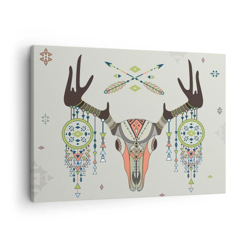 Cuadro sobre lienzo - Impresión de Imagen - Decoración boho con calavera de ciervo y atrapasueños - 70x50cm - Trofeo de cazador indio - Decoración de pared moderna para salón y dormitorio ARTTOR