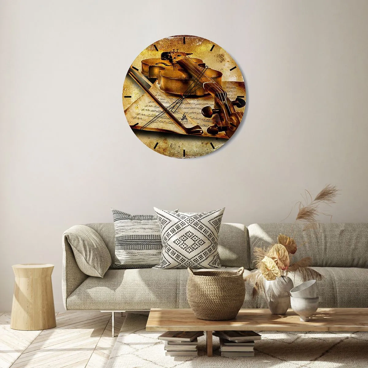 Reloj de pared - Reloj de vidrio - Un motivo de violín con notas musicales sobre un fondo dorado. - 30x30cm - Se necesita un virtuoso de inmediato - Decoración de pared moderna para salón, cocina y dormitorio ARTTOR